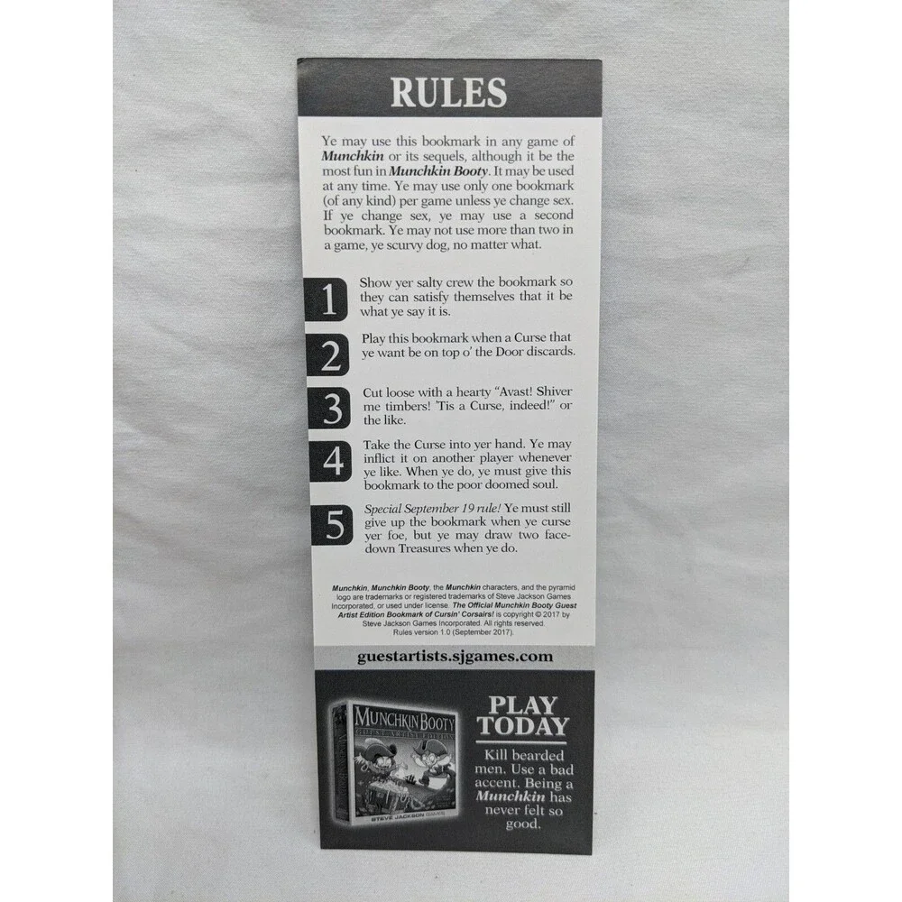 Munchkin Booty The Official Guest Artist Edition Bookmark Of Cursin Corsairs